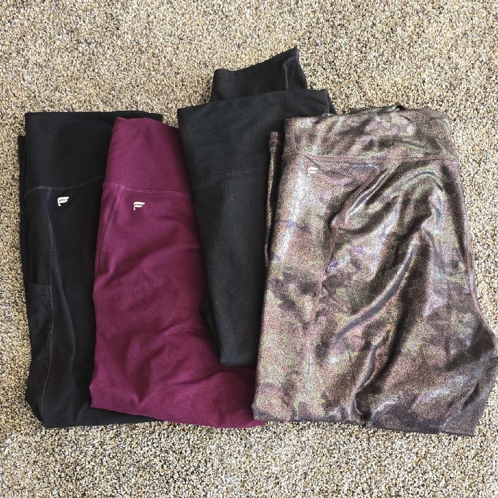 Fabletics Leggings Bundle in Black, Burgundy & Metallic Camo